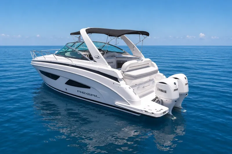 Slide: The Image of 2019 Regal 33 XO boat on calm blue ocean, featuring twin Yamaha engines. - 2