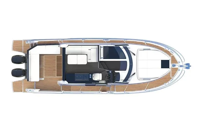 Slide: The Image of Manufacturer Provided Image: Top view of 2026 Beneteau Antares 11 Coupe boat layout with twin engines. - 14