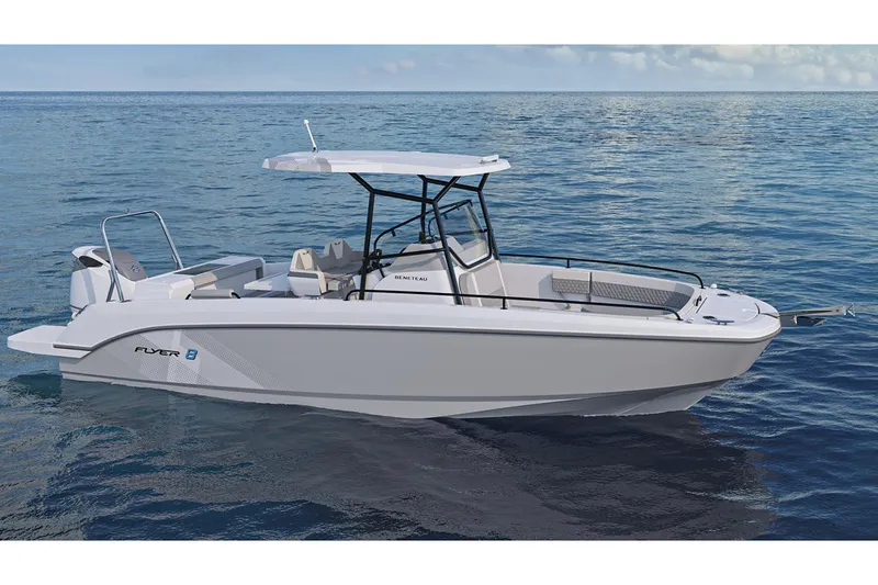 Slide: The Image of Manufacturer Provided Image: 2026 Beneteau Flyer 8 SPACEdeck boat on calm ocean waters. - 2