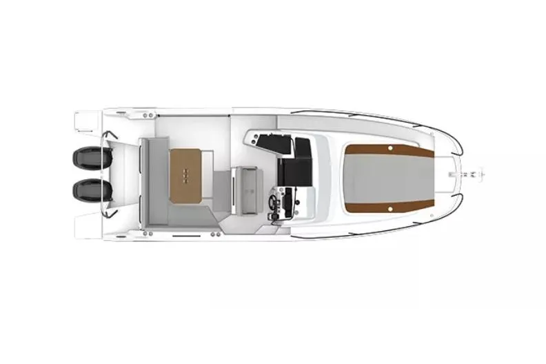 Slide: The Image of Manufacturer Provided Image: Top view of 2026 Beneteau Flyer 9 SUNdeck boat layout with dual engines. - 7