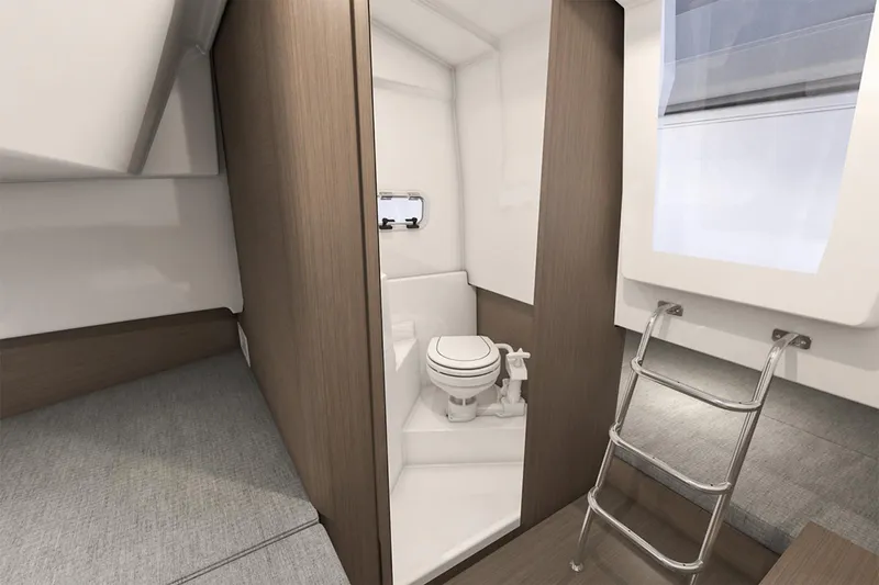Slide: The Image of Manufacturer Provided Image: 2026 Beneteau Flyer 9 SPACEdeck interior with compact bathroom and ladder access. - 6