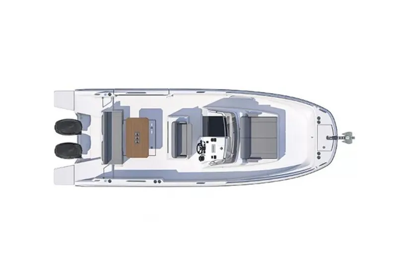 Slide: The Image of Manufacturer Provided Image: 2026 Beneteau Flyer 9 SPACEdeck boat layout, top view, featuring dual engines. - 7
