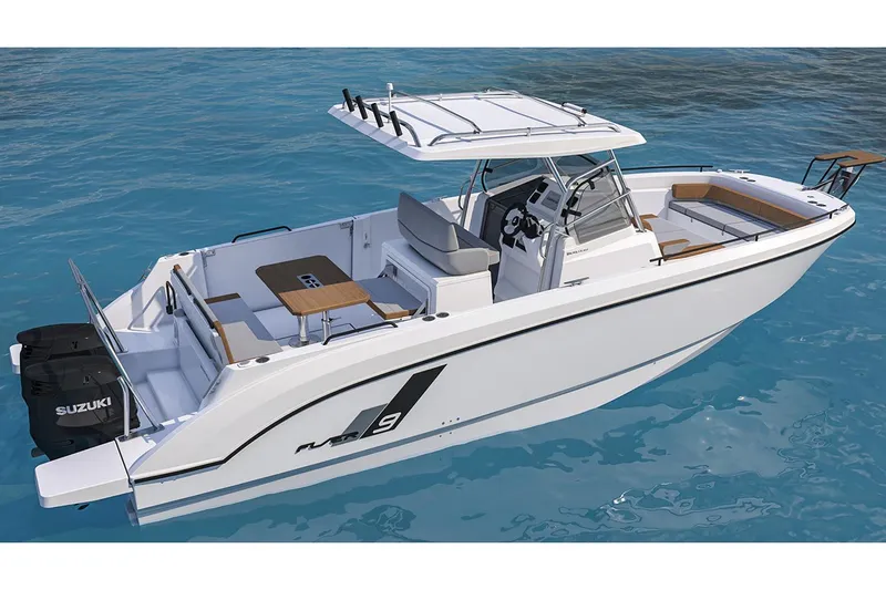 Slide: The Image of Manufacturer Provided Image: 2026 Beneteau Flyer 9 SPACEdeck boat on water, featuring sleek design and Suzuki outboard engine. - 3