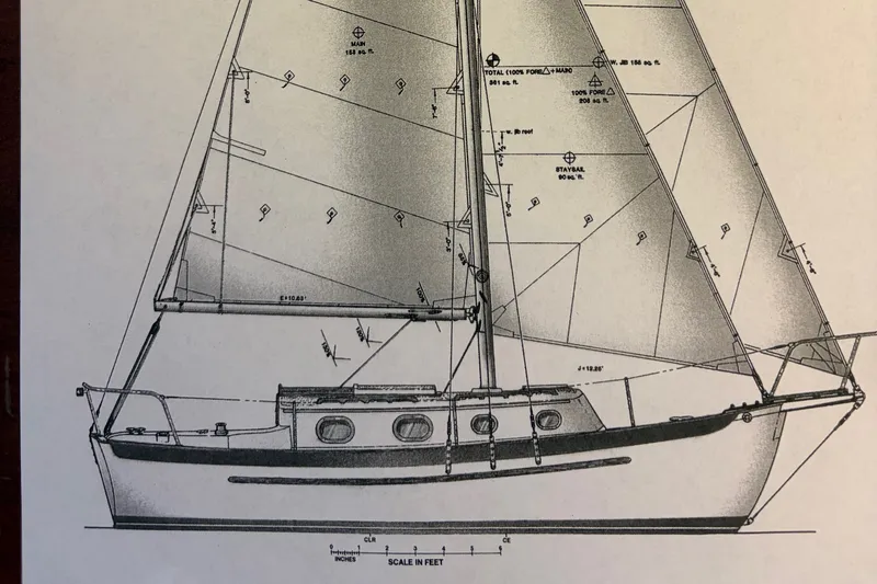 Slide: The Image of Blueprint of a 2002 Pacific Seacraft Dana 24 sailboat, detailed sail and hull design. - 59