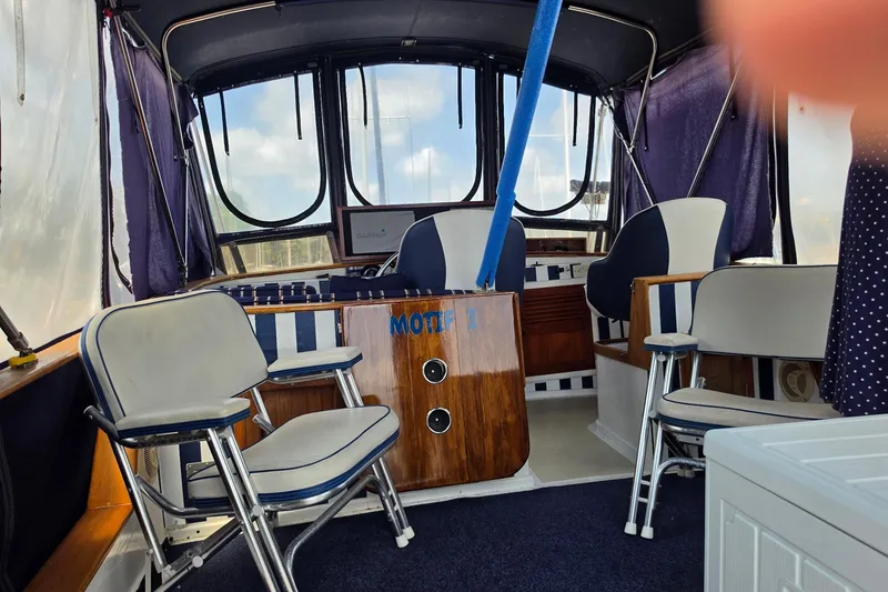 Slide: The Image of Interior of a 1983 Monk 36 boat with seating and navigation equipment. - 6