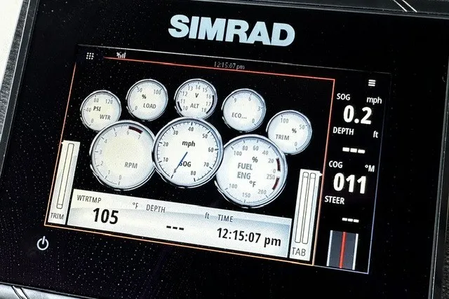Slide: The Image of Simrad display on 2019 Harris Sunliner 240 showing gauges and navigation data. - 18