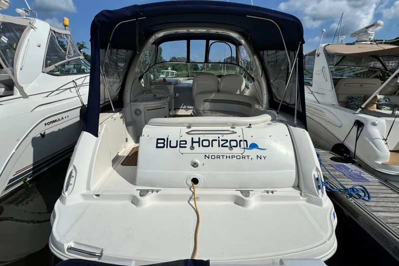 Slide: The Image of 2005 Sea Ray 340 Sundancer docked, featuring "Blue Horizon" name, Northport, NY. - 3