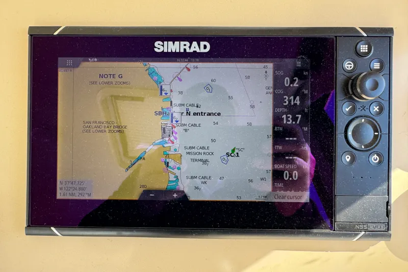 Slide: The Image of Simrad navigation display on 2006 Navigator 34 Californian boat, showing San Francisco Bay map. - 37