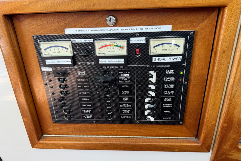 Slide: The Image of Electrical control panel on a 2006 Navigator 34 Californian boat, featuring gauges and switches. - 17