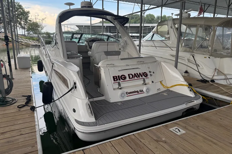 Slide: The Image of 2011 Sea Ray Sundancer 350 docked, rear view with "Big Dawg" signage, marina setting. - 7