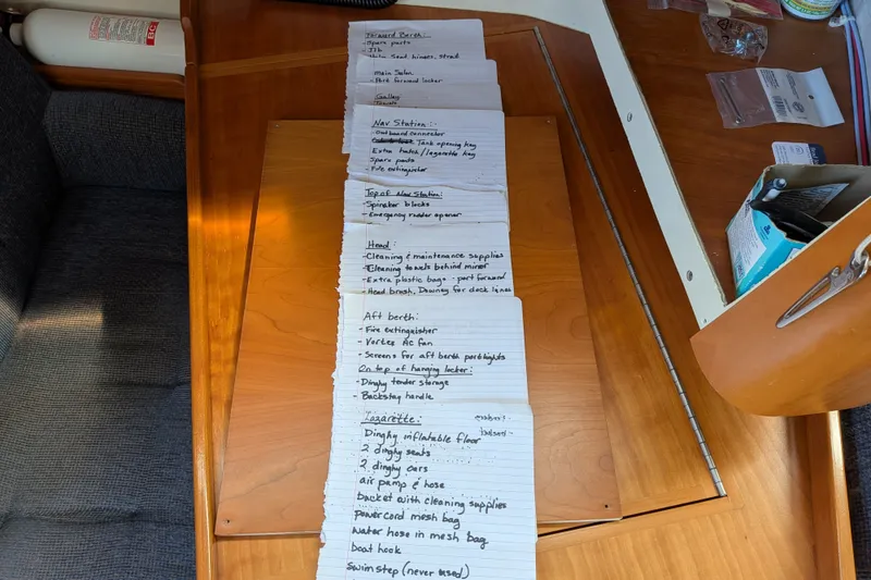 Slide: The Image of Checklist on a wooden table inside a 2005 C&C 115 sailboat cabin. - 38
