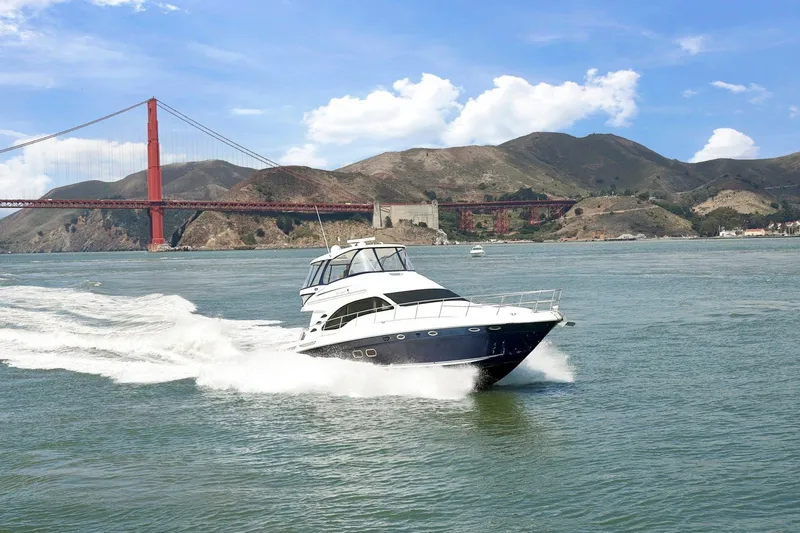 Slide: The Image of 2007 Sea Ray 58 Sedan Bridge cruising near Golden Gate Bridge, scenic view. - 5