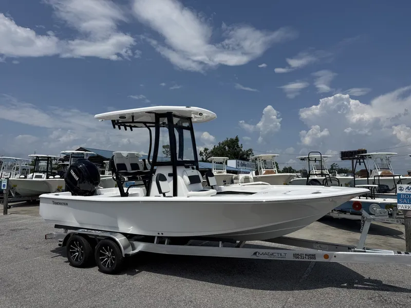 The Image of A white Tidewater 2210 Carolina Bay boat from 2027 sits on a trailer under a cloudy sky. - 1