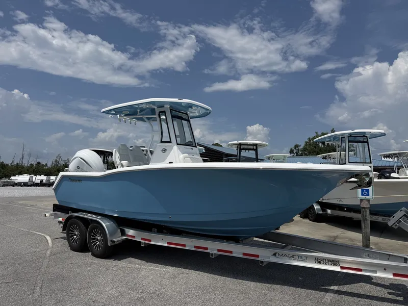 The Image of A blue Tidewater 232 CC Adventure boat from 2027 sits on a trailer under a cloudy sky. - 1
