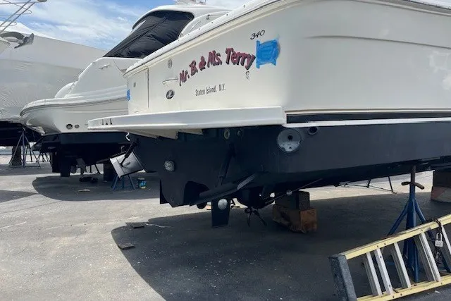Slide: The Image of 2001 Sea Ray 340 Amberjack boat on dry dock, Staten Island, NY. - 6