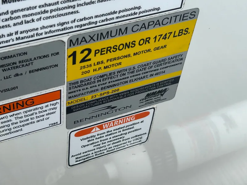 Slide: The Image of A label on a Bennington boat shows maximum capacities: 12 persons or 1747 lbs. - 10