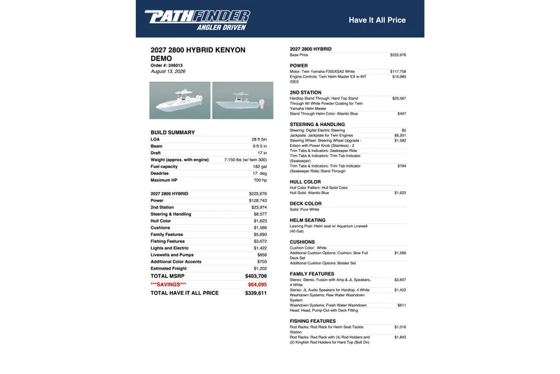 Slide: The Image of Pathfinder 2800 Hybrid 2027 boat specifications and pricing details, featuring build summary and features. - 23