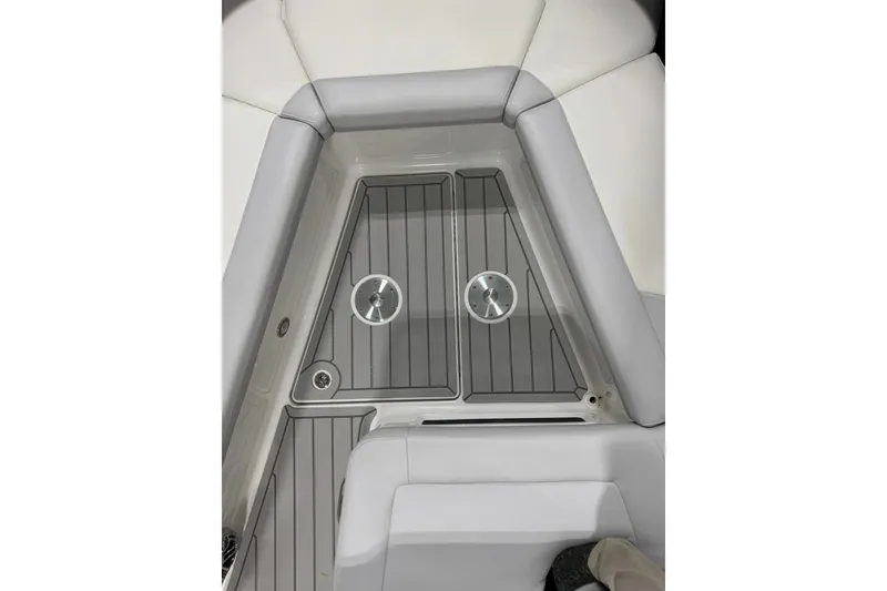 Slide: The Image of 2026 Formula 360 Crossover Bowrider I/O interior with sleek gray seating and flooring. - 113