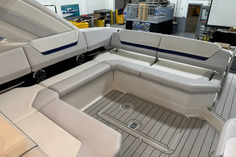 Slide: The Image of Luxurious seating area of 2026 Formula 360 Crossover Bowrider I/O with sleek design. - 48