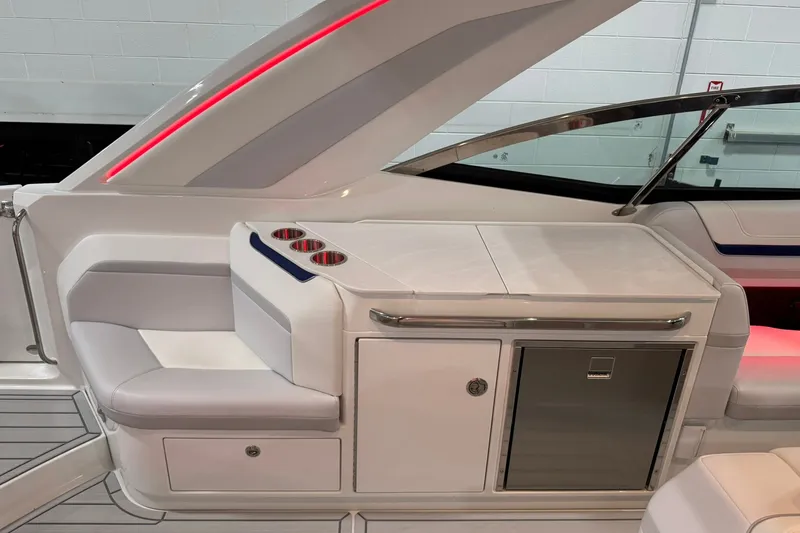 Slide: The Image of 2026 Formula 360 Crossover Bowrider I/O interior with seating and storage. - 33