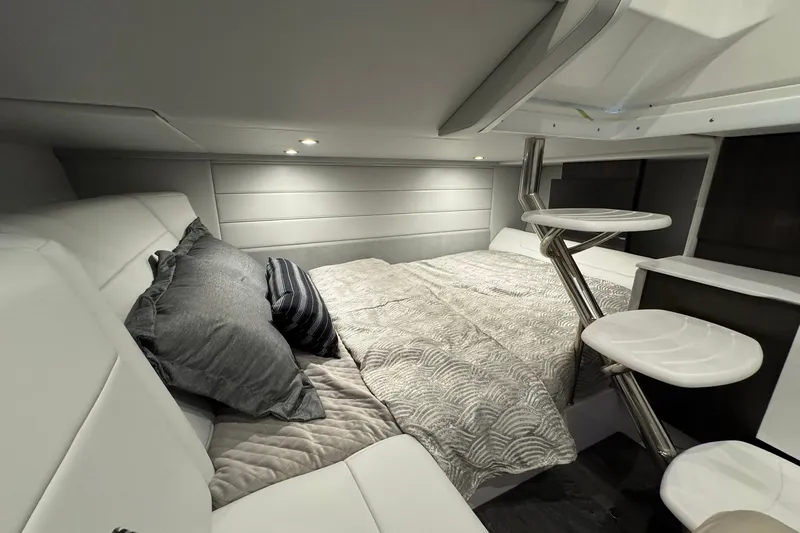 Slide: The Image of Luxurious interior cabin of 2026 Formula 360 Crossover Bowrider I/O with cozy bedding. - 135