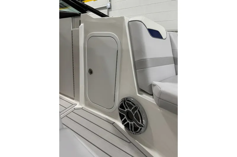 Slide: The Image of 2026 Formula 360 Crossover Bowrider I/O interior detail with speaker and seating. - 114