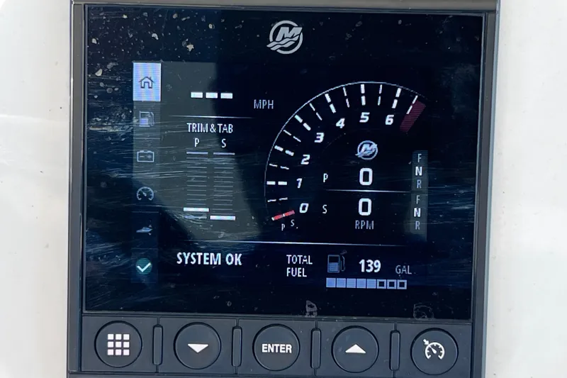 Slide: The Image of Display panel of 2022 Sea Pro 320 DLX Offshore showing speed, RPM, and fuel level. - 55