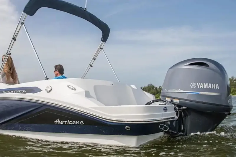 Slide: The Image of Manufacturer Provided Image: 2026 Hurricane SunDeck Sport 185 OB boat with Yamaha engine on water. - 6