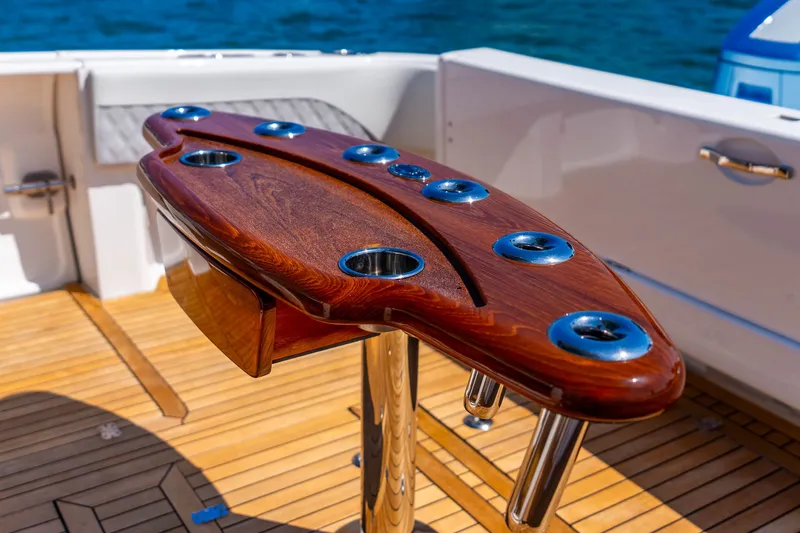 Slide: The Image of Luxury teak fishing rod holder on 2015 Intrepid 475 Panacea yacht deck. - 30