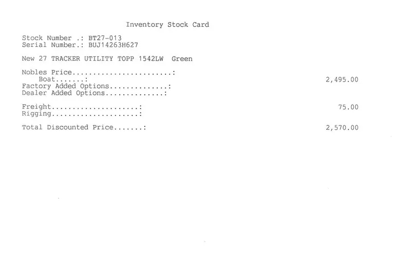 Slide: The Image of Inventory stock card for 2027 Tracker Grizzly 15 Jon boat, total price $2,570. - 17