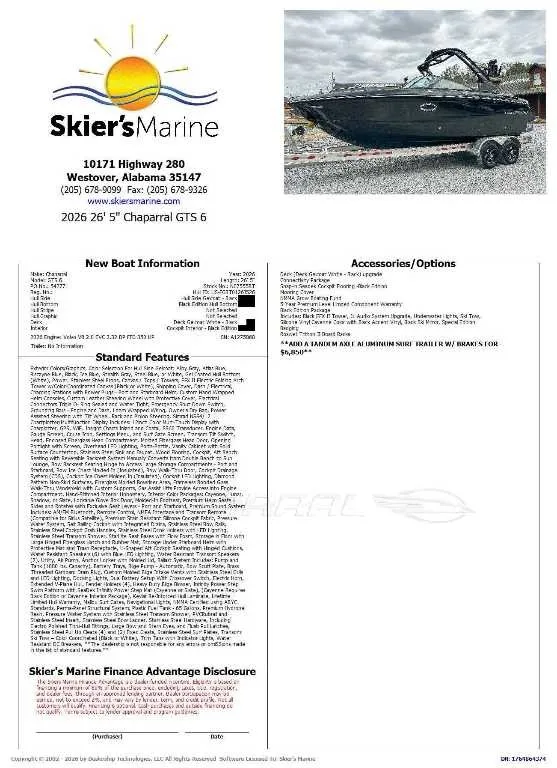 Slide: The Image of Skier's Marine brochure for the 2026 Chaparral GTS 6 boat with specifications and options. - 2