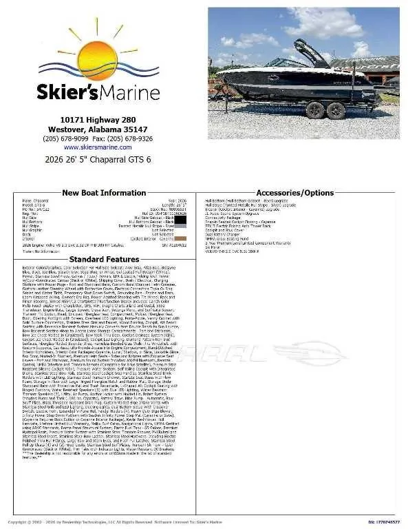 Slide: The Image of 2026 Chaparral GTS 6 boat at Skier's Marine in Alabama, featuring accessories and standard features. - 2
