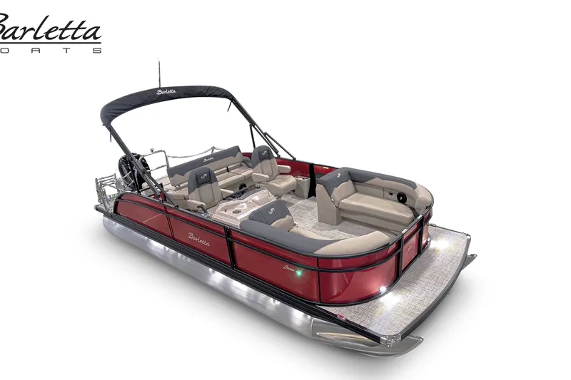 Slide: The Image of 2027 Barletta SANZA 22UC pontoon boat with red exterior and spacious seating. - 2