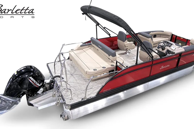 Slide: The Image of 2027 Barletta SANZA 22UC pontoon boat with red exterior and spacious seating. - 4