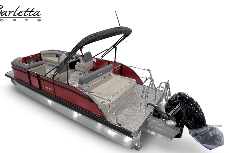 Slide: The Image of 2027 Barletta SANZA 22UC pontoon boat with red exterior and Mercury outboard motor. - 3