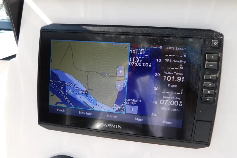 Slide: The Image of Garmin GPS display on 2021 Sea Fox 228 Commander boat showing navigation data. - 19