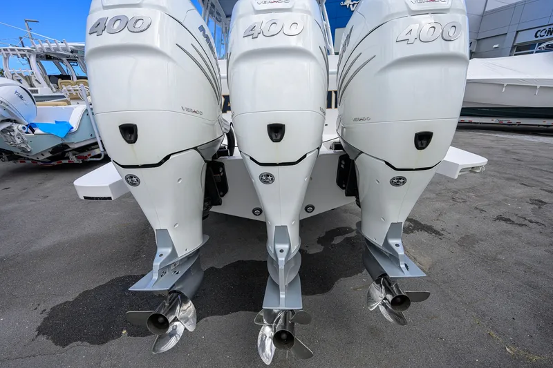 Slide: The Image of Triple Mercury 400 outboard engines on a 2022 Intrepid 409 Valor boat. - 57
