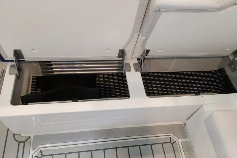 Slide: The Image of Open storage compartment in 2027 Formula 430 Super Sport Crossover boat, showcasing interior details. - 21