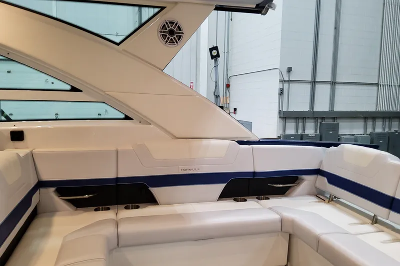 Slide: The Image of Luxurious interior of 2027 Formula 430 Super Sport Crossover boat with sleek seating design. - 24