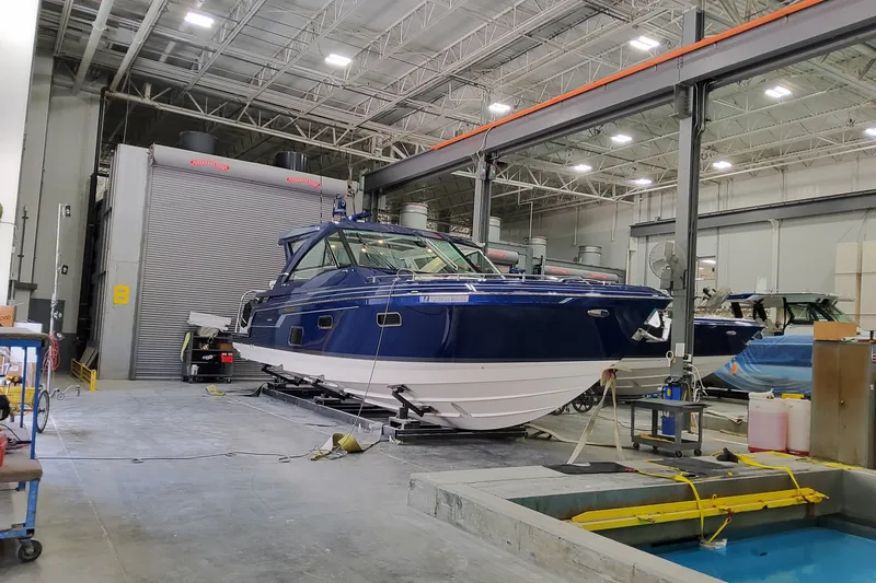 The Image of 2027 Formula 430 Super Sport Crossover boat in a manufacturing facility. - 1