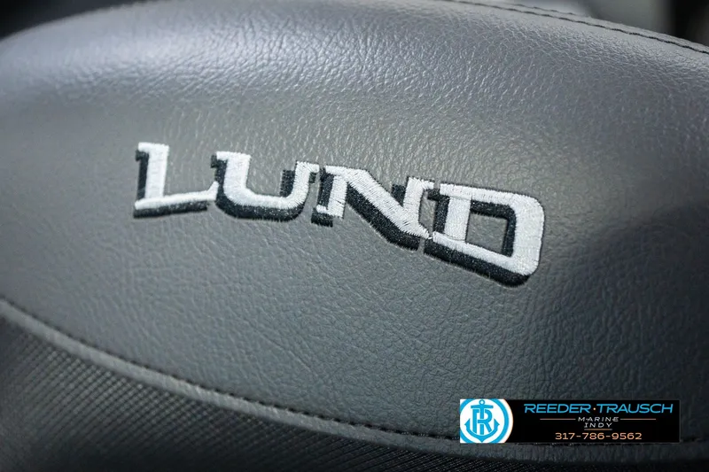 Slide: The Image of Close-up of Lund logo on 2026 Lund 1800 Explorer SS boat seat. - 66