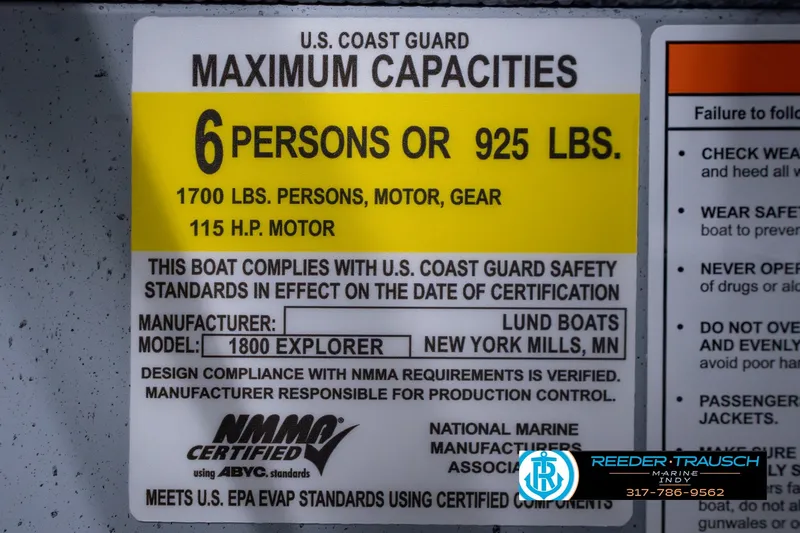 Slide: The Image of Capacity label for 2026 Lund 1800 Explorer SS boat, 6 persons or 925 lbs. - 64