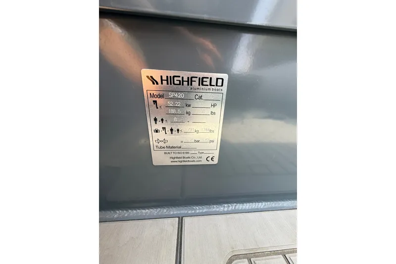 Slide: The Image of Highfield Sport 420 boat label displaying specifications and capacity details, 2023 model. - 21