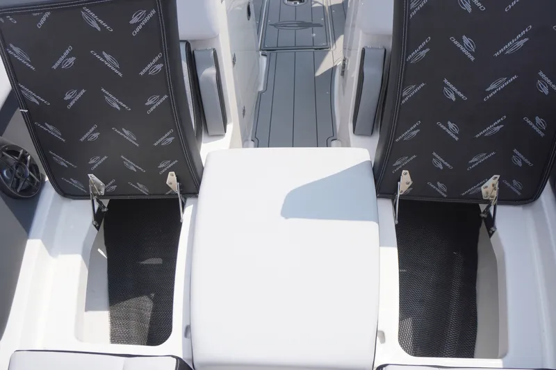 Slide: The Image of 2027 Chaparral 270 OSX boat interior with branded seating and sleek design. - 11