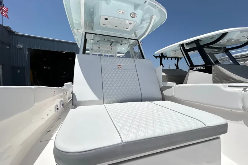Slide: The Image of 2027 Sea Fox 328 Commander boat interior with luxurious seating and modern design. - 29