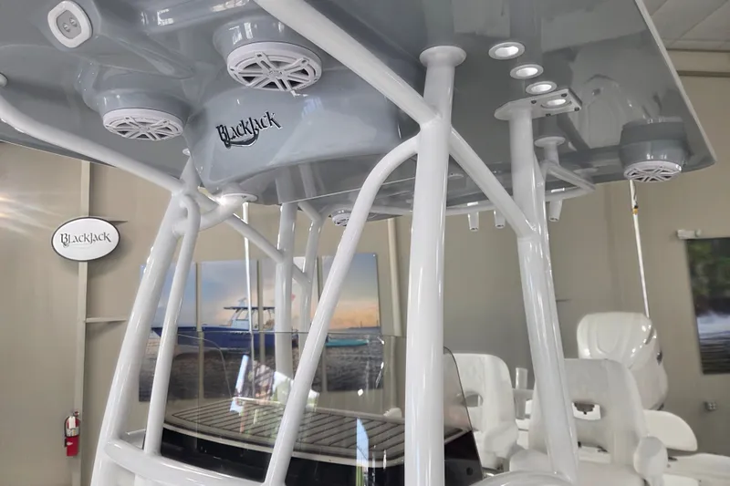 Slide: The Image of 2027 BlackJack 256 Coastal boat interior with speakers and sleek design. - 12
