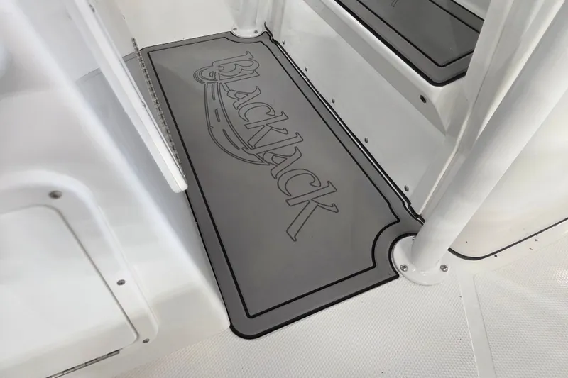 Slide: The Image of Floor mat with "BlackJack" logo on 2027 BlackJack 256 Coastal boat interior. - 15