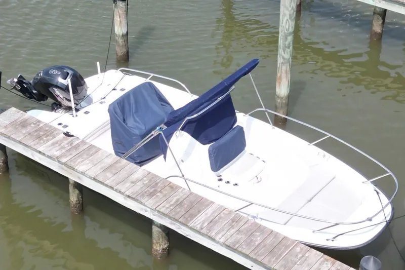 Slide: The Image of 2016 Boston Whaler 210 Dauntless boat docked with blue covers and outboard motor. - 8