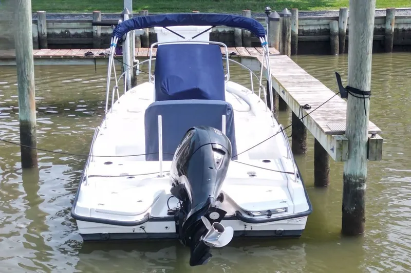 Slide: The Image of 2016 Boston Whaler 210 Dauntless boat docked with blue canopy and outboard motor. - 9