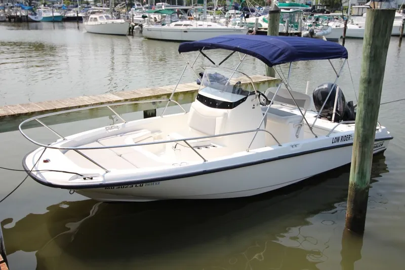 Slide: The Image of 2016 Boston Whaler 210 Dauntless boat docked in a marina with blue canopy. - 4